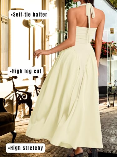 Image of ChiaoLezhee Deep V Neck Dress, Halter Maxi Dresses, Vacation Date Night, Sexy for Women Corset Flowy Wedding Guest Drop Waist