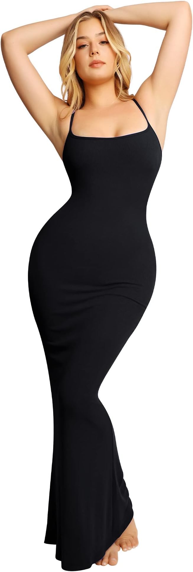 Popilush No Shaper Loungewear Slip Dress for Women Built in Bra Black Maxi Bodycon Spaghetti Strap Dresses