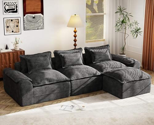 Hobestluk 120″ Cloud Modular Sectional Couch 3-Seater Sofa with Ottoman L Shaped Sofa with Removable Cover Large Sofa Couch for Living Room (Dark Grey, 3-Seater Sofa with One Ottoman)