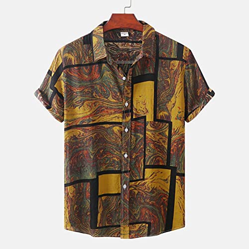 RFEGEF Funky Hawaiihemd, Vintage Fashion Gelber Marmor Gitterdruck Baumwolle Herren Kurzarm Strandhemd Button Down Sommer Freizeithemden Tropischer Druck Schnelltrocknend Urlaubsparty Aloha Hemd,L Cover