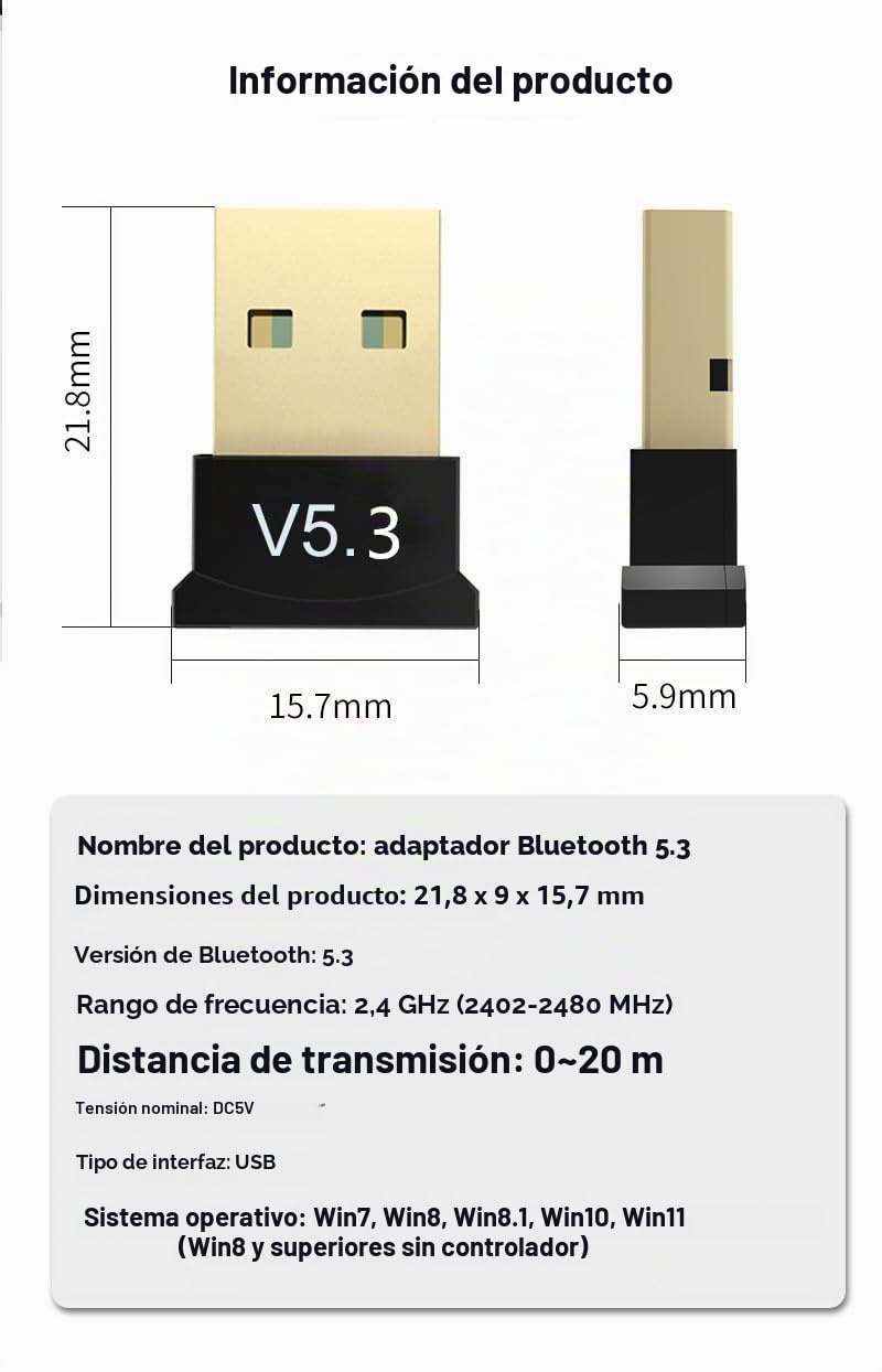 Adaptador Bluetooth USB 5.3, Memoria Bluetooth para PC Laptop EDR Dongle USB Bluetooth Compatible con Windows 11/10/8.1/7/Linux (5.3)