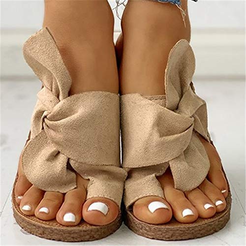 Bowknot Toe Ring Flat Slides For Women Casual Sandals Beach Shoes Boho Slippers Summer Slippers (Khaki, 10.5) #TOP2