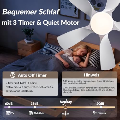 Newday Deckenventilator mit Beleuchtung und Fernbedienung Leise, 106cm Deckenventilatoren Weiß mit Licht Dimmbar, Ventilator Decke mit 5 Flügel Motor DC Speicherfunktion für Schlafzimmer, Wohnzimmer
