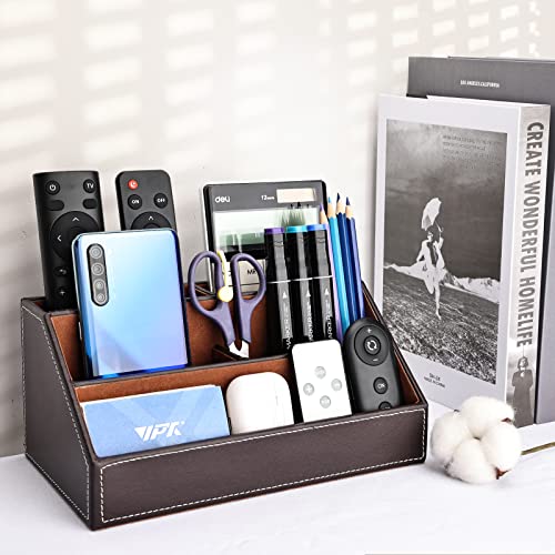 KINGFOM-Pu-Leather-Desk-Organizer-with-5-Compartments-Holder-Multi-Functional-Office-Supplies-Storage-Caddy-for-PenPencil-Phones-Remote-Controller-and-Desktop-Accessorie-Brown