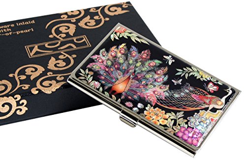 Mother of Pearl Design RFID Blocking Protection Business Card Case, Credit Card Holder, Metal Name Card Case, Stainless Steel Engraved Slim Purse Pocket Cash Money Wallet (Peacock)3