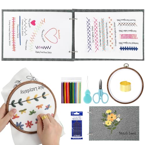 Embroidery Stitche Book Stickset für Anfänger Kit mit Stickrahmen Garn Nadeln und Schere Komplettes DIY Sticken Set Erwachsene Kreuzstich Set zum Selbermachen für Anfänger Basteln Geschenk