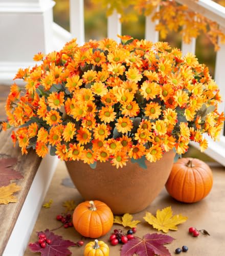 Daisy Artificial Flowers for Outdoors Autumn Fall Decor, 6 Bundles Fake Mums Orange Silk Flowers for Outside Look Real UV Resistant Fake Plants Faux Flowers for Planter Front Door Home Indoor Porch