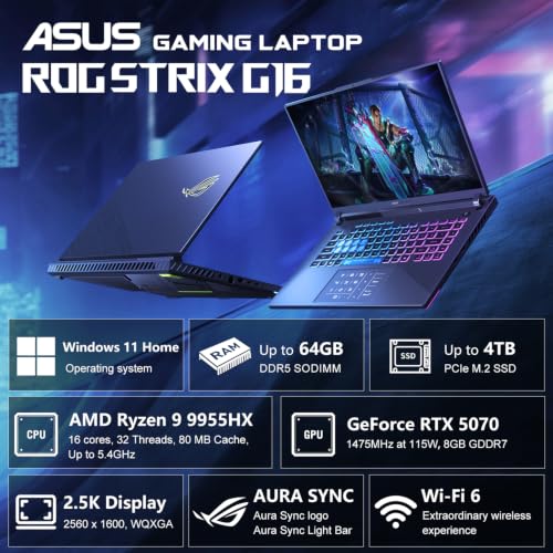 Image of ASUS ROG Strix G16 5070 300Hz Gaming Laptop, AMD Ryzen 9 9955HX, GeForce RTX 5070, 16 inch QHD+ 2.5K 300Hz IPS, 32GB DDR5, 2TB SSD, 4-Zone RGB Backlit KB, HDMI, Copilot, Windows 11 Home, w /Bundle
