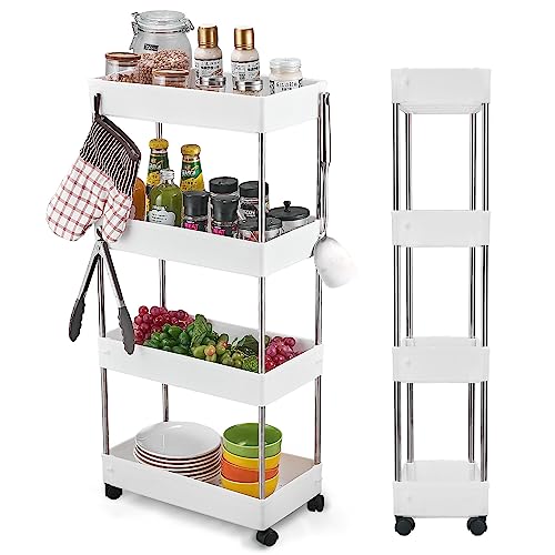 Wopeite Carrito Auxiliar con Ruedas Cocina, Carro de Almacenamiento Rodante de 4 Niveles, Multifuncional Organizador Carrito Cocina para baño, lavadero, Espacio Estrecho, Plástico, 40 x 22 x 86 cm