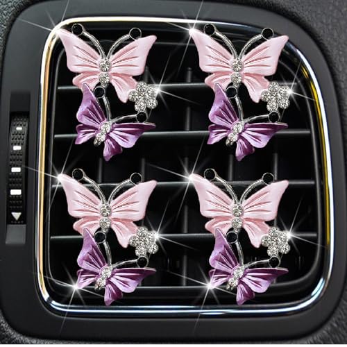 Image of 4 Pcs Butterfly Air Vent Clips, Car Vent Clips Dual Butterfly Air Vent Freshener Clip Decoration, Car Interior Decor Bling Cute Accessories Car Decoration for Women + Sunflower Mask Hook (Pink, 4)