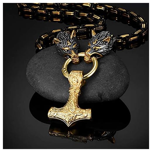 AMOZ Viking Tors hammare rostfritt stål halsband, nordisk mytologi Odin mode Fenrir Talisman smycken, män vintage kunglig varg huvudkedja, svart guld C, 75 cm