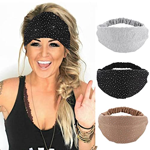 CAKURE Crystal Wide Headbands Rhinestone Head Bands Black Turban Headband Elastic African Head Wraps Sport Hair Bands for Women and Girls Pack of 3 (set 2)