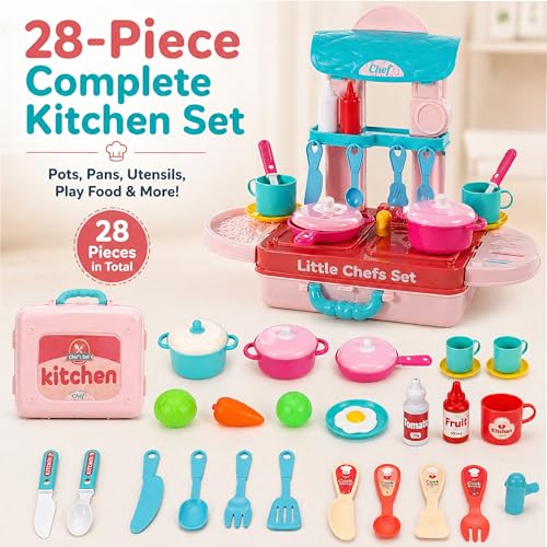 Image of Lifelong Compact Kitchen Play Set for Kids 3-5 Years | Portable Suitcase Toy Kitchen | 28-Piece Pretend Cooking Accessories with Stove, Pots, Pans & Play Food | Plastic Playset for Girls (19*26*10)