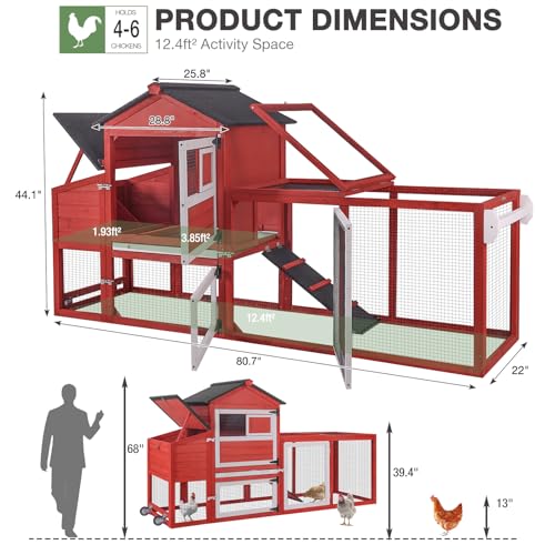 Image of Mobile Chicken Coop with Wheels for 4-6 Chickens, Large Outdoor Hen House with Run, Weatherproof Asphalt Roof, Sectionable Nesting Box & Pull-Out Tray, 82.4 inch L x 25.8 inch W x 44.1 inch H - Red