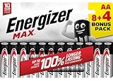 Energizer - Max, Pack de 8+4 Pilas AA, Larga duración para Uso Cotidiano, sin sulfataciones y con 10 años de Vida útil