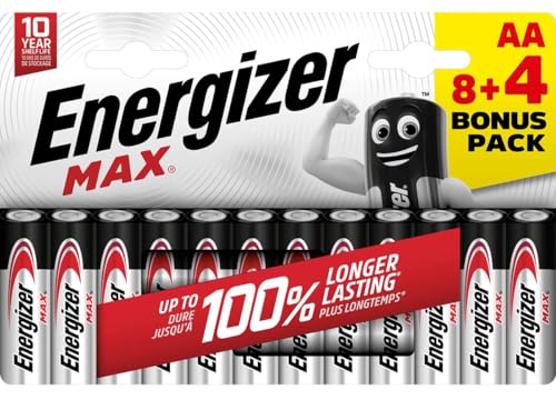 Energizer - Max, Pack de 8+4 Pilas AA, Larga duración para Uso Cotidiano, sin sulfataciones y con 10 años de Vida útil