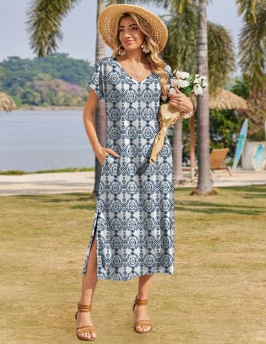 Image of Zeagoo Women Summer Floral Dress Short Sleeve Beach Dress with Pockets Casual V-Neck Split Long T-Shirt Dress Travel Vacation