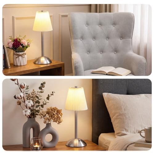 Image of Liliful 2 Pcs Cordless Table Lamp Rechargeable Touch LED Small Gold Portable Battery Operated USB-c Desk Lamp 3 Color Dimmable for Bedroom Living Room Dining (Silver,Beige Cloth Style)