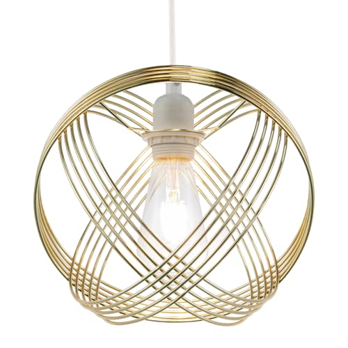 Modern Ornate Polished Plated Gold Spherical Pendant Light Shade with 4-Ring Metal Wrap Design | 25cm Diameter | for E27 E14 B22 by Happy Homewares