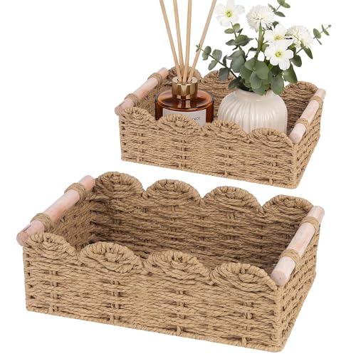 iEGrow Paper Rope Small Storage Baskets for Organizing, Set of 2 Scalloped Edge Wicker Basket with Wooden Handles Toilet Paper Basket for Over Toilet Storage Shelf, Home Decor, Living Room (Neutral)