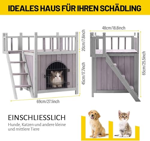 Katzenhaus Hundehaus Katzenhöhle 2-Schicht,Verbindung mit Terrasse und Treppe für drinnen und draußen 69.5x48.5x65.5 cm