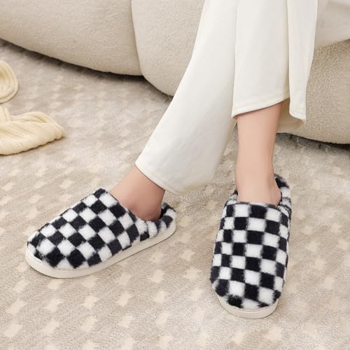 Women House Checkered Slippers - Mens Cozy Fuzzy Plaid Memory Foam Slippers with Faux Fur Lining for Indoor & Outdoor Comfort Soft Slides(BlackWhite,11-12Women/9-10Men)4
