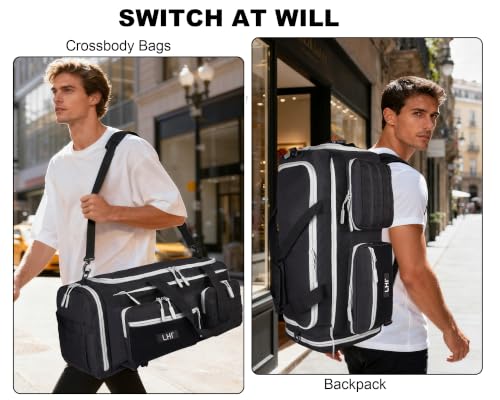 Image of LHI 50L Tactical Duffle Bag for Men, 3-in-1 Gym Duffle and Backpack, Shoe Compartment, Laptop Sleeve and MOLLE, Carry-On Travel Weekender and Overnight Bag - Black with White zippers