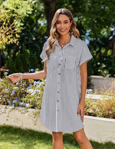Image of Zeagoo Summer Dresses for Women 2025 Cotton Button Down Short Sleeve Tshirt Dresses Casual Mini Beach Dress
