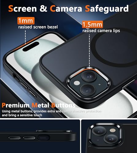 Image of FNTCASE for iPhone 15 Plus Case: Matte Magnetic Phone Cases Compatible with Magsafe Slim Anti Yellowing Military Grade Drop Protection Rugged Protective Translucent Cell Cover (D-Black Magnet)
