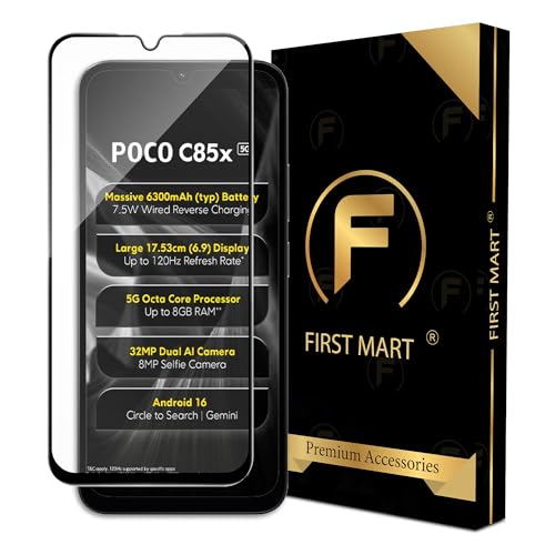 Image of FIRST MART Military-Grade Gorilla Tempered Glass For Poco C85x (6.9 Inch) With Edge To Edge Screen Coverage and Easy Installation Kit| Black
