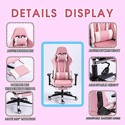 Qigrif Gaming Chair, Leather Chair With Footrest And Headrest, Height Adjustable High Back Computer Chair With Lumbar Support And 2D Armrest, Pink #TOP3