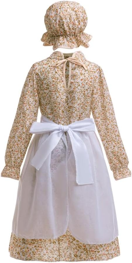 Dressy Daisy Pioneer Colonial Prairie Floral Dress Costume Clothing with Apron and Bonnet Hat for Little Girls Size 5-12