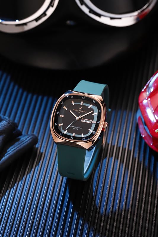 Image of Daniel Hechter Paris Bercy Collection Analog Quartz Watch for Men with Black & Green Square Dial, Day-Date Display, Crystal Hour Markers and Green Silicone Strap - DHM1053-03S