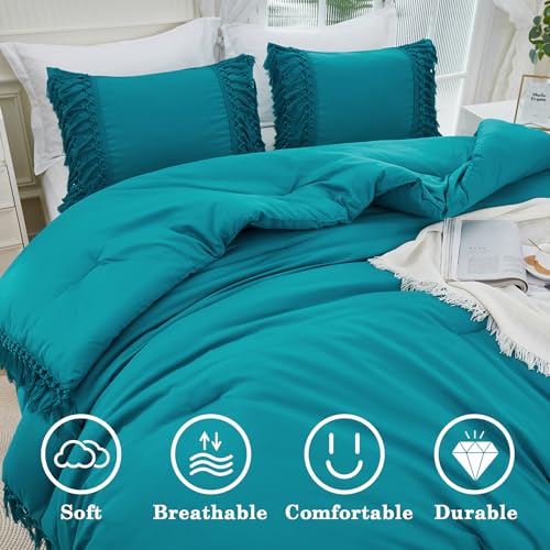 Image of Andency Turquoise Comforter Set Queen, 3 Pieces Boho Tassel Lightweight Soft Bedding Comforter Sets, All Season Fluffy Fringe Bed Set (90x90In Comforter & 2 Pillowcases)