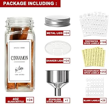 GMISUN Glass Spice Jars with Label, 24Pcs 4oz Empty Spice Bottles with Shaker Lids, Square Clear Spice Seasoning Containers with 464 Preprinted ...