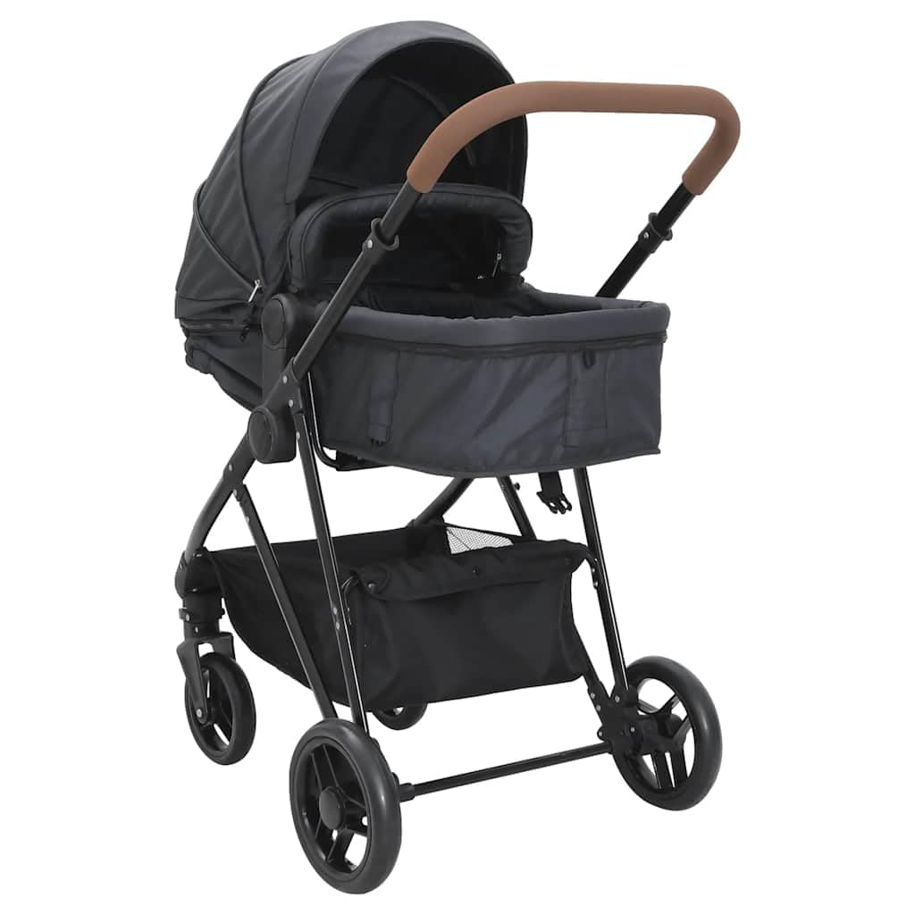 2-in-1 Kinderwagen Buggy Anthrazit Schwarz Stahl Kombi mit Liegefunktion und verstellbarem Sitz klappbar für Stadt, Reise, Urlaub mit Sonnendach und Stauraum