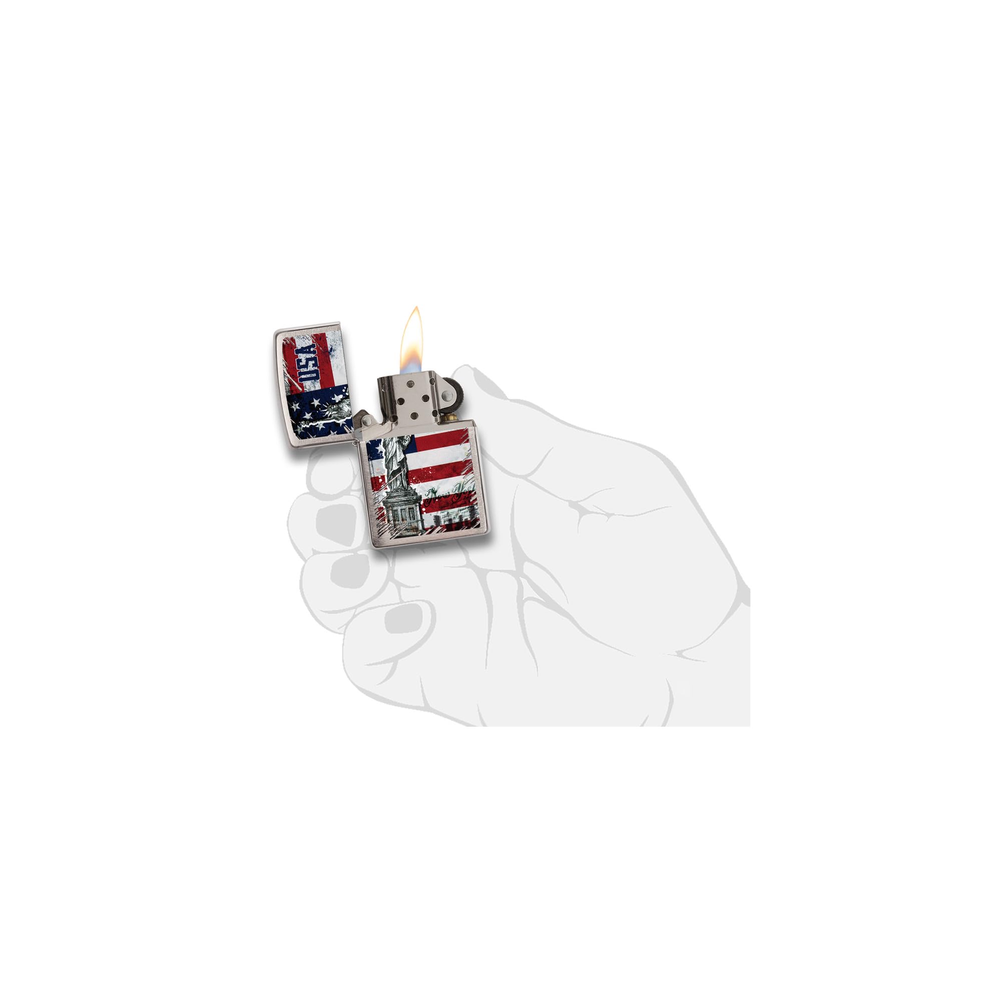 Zippo Briquet Tempête - Statue de la Liberté Drapeau - Chrome Brossé avec Color Image - Rechargeable - Réutilisable - Design Coupe-Vent - Coffret Cadeau Fabriqué aux États-Unis