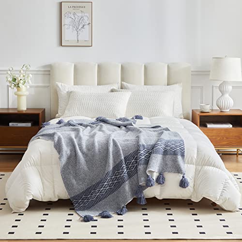 Periwinkle Purple Knit Throw Blanket With Pom Fringes, Modern Farmhouse Home Decor Soft Lightweight Cable Knit Throw Blanket For Couch Sofa Bed Baby Nursery, 51" X 63" Size Oeko-Tex Certified #TOP3