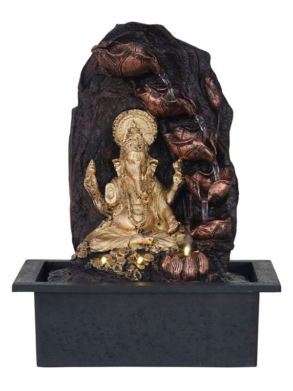 Image of Polyresin Chocolate Colour Ganesha Table Top Indoor Waterfall Fountain for Home Decor with LED Lights, Speed Controller Pump & Crystal Ball (Size: 25.5 x 21 x 18.5CM | Wt: 1145grm)