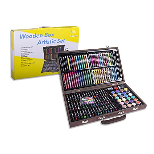WRITENBACO 145 Piece Deluxe Art Set, Wooden Art Box & Drawing Kit with Oil Pastels, Crayons, Colored Pencils, Watercolor Cakes, Brushes, Creative Gift (Wooden)