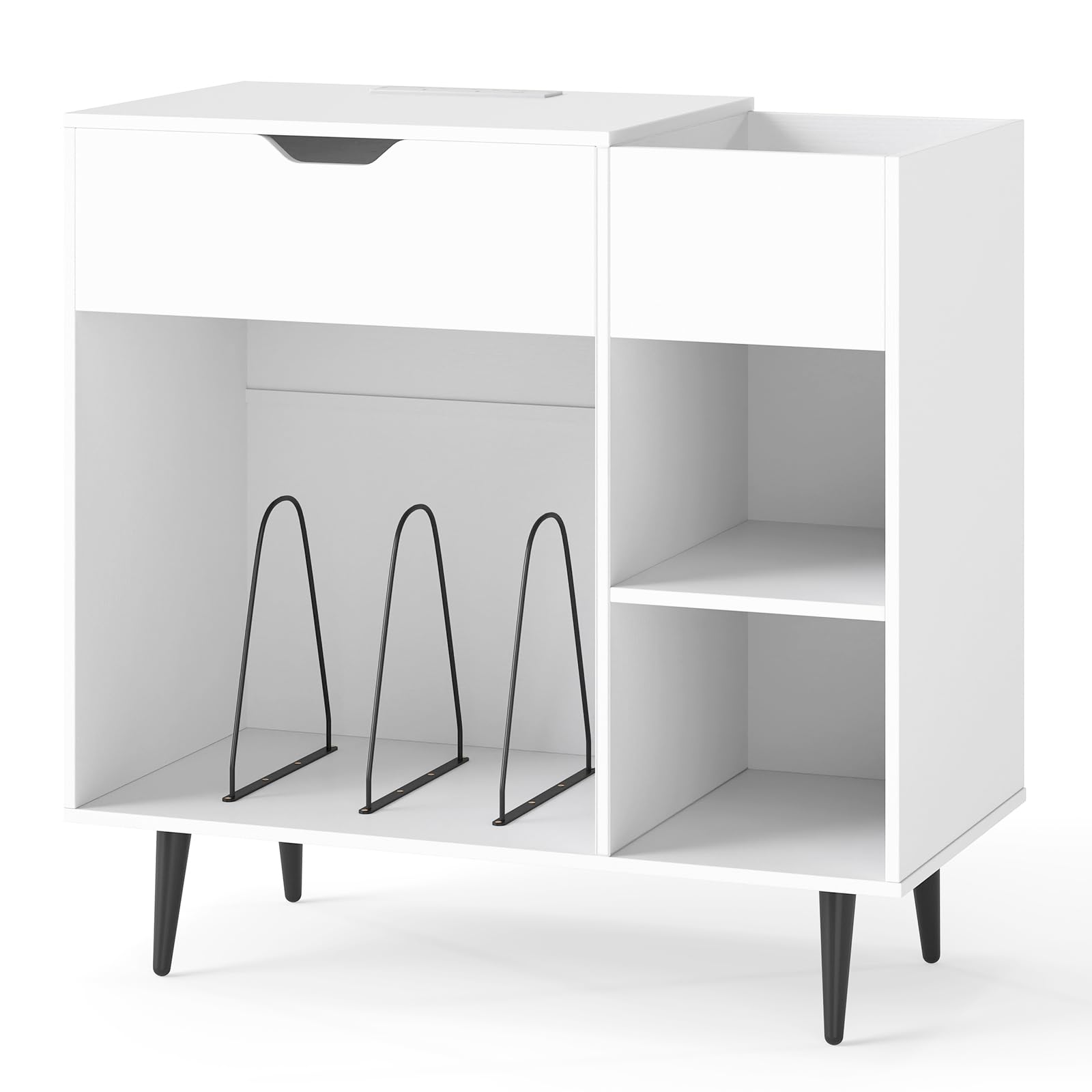 CASART Supporto per giradischi, grande supporto per giradischi con prese di corrente, divisori e gambe in metallo, tavolino portaoggetti per dischi in vinile, per soggiorno e camera da letto (bianco)