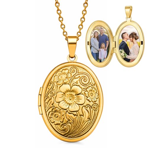 Jelystaby Vintage Engraved Flower Locket Necklace for Women Antique Oval