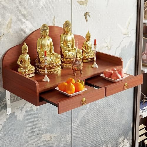 Solid Wood Wall Mount Altar Shelf, Stable Metal Brackets Buddha