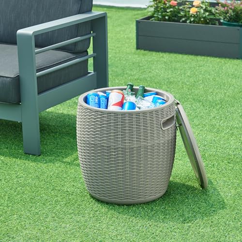 casa.pro Taburete Nevera Avetrana Multiusos Asiento de Jardín Cubitera de Hielo para Playa Balcón Terraza 37 L Efecto Ratán Polipropileno 44xØ40 cm - Marrón Claro