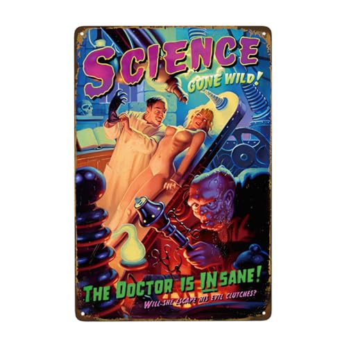 Bugana Science Gone Wild Pin Up Girl Vintage Metal Sign, Retro Tin Sign Sexy Girl Poster for Man Cave Bar Garage Pubs Hotel Wall Art Decor 8 x 12 Inch