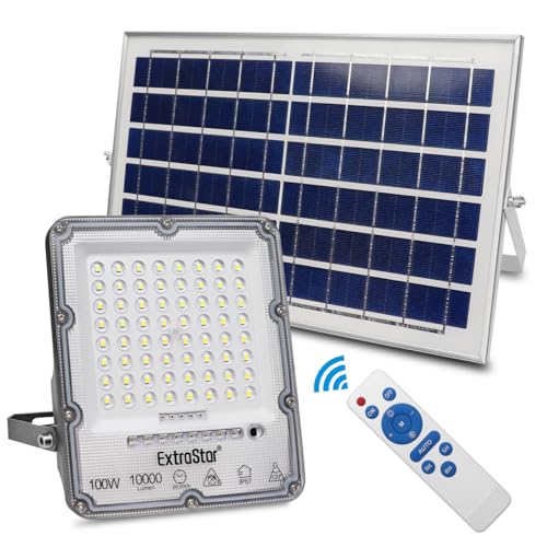 EXTRASTAR Solar-Flutlicht 100W, 10000 Lumen, IP67 Wasserdicht, mit Fernbedienung & Dämmerungssensorâ€¦ – Miniatur