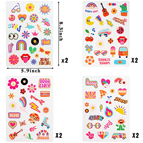 Versrh 8Pcs Groovy 70’S Temporary Tattoos, 91 Design Cute Fake Tattoos For Kids Party Favor, Cartoon Waterproof Body Sticker Decoration, 70’S Retro Hippie Theme Tattoo For Boys Girls Birthday Party #TOP1