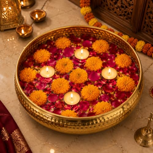 Image of Hammered Iron Metal Decorative Bowl with Golden Finish, 12 Inch Large Urli Bowl for Home Decor, Floating Flowers & Tea Light Candles, Center Table Diwal Decor & Festive Gifting