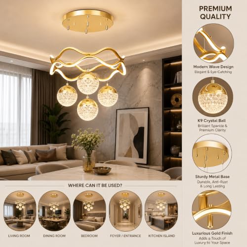 Image of Elegant Chandelier Ceiling Light for Living Room Hanging Pendant Light | Italian K9 Crystals | Metal Frame | Adjustable LED Light-Pack of 1 (4 Ball Light-Gold)