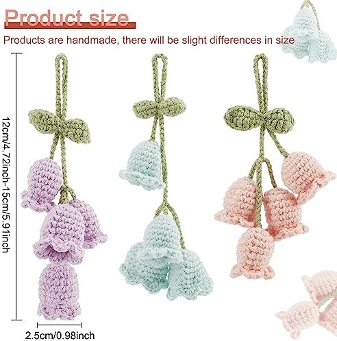 PLIGREAT 3 Pcs Car Rear Mirror Hanging Ornament, Handmade Crochet Rearview Pendants, Woven Lily Flower Boho Knitted Flowers Decor for Car Rear View Mirror Accessories Hanging Christmas Tree Decor